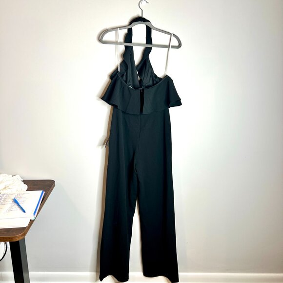 Lulus Elegant Flair Black Ruffled Wide-Leg Halter Jumpsuit Wedding Party M NWT - Picture 7 of 7